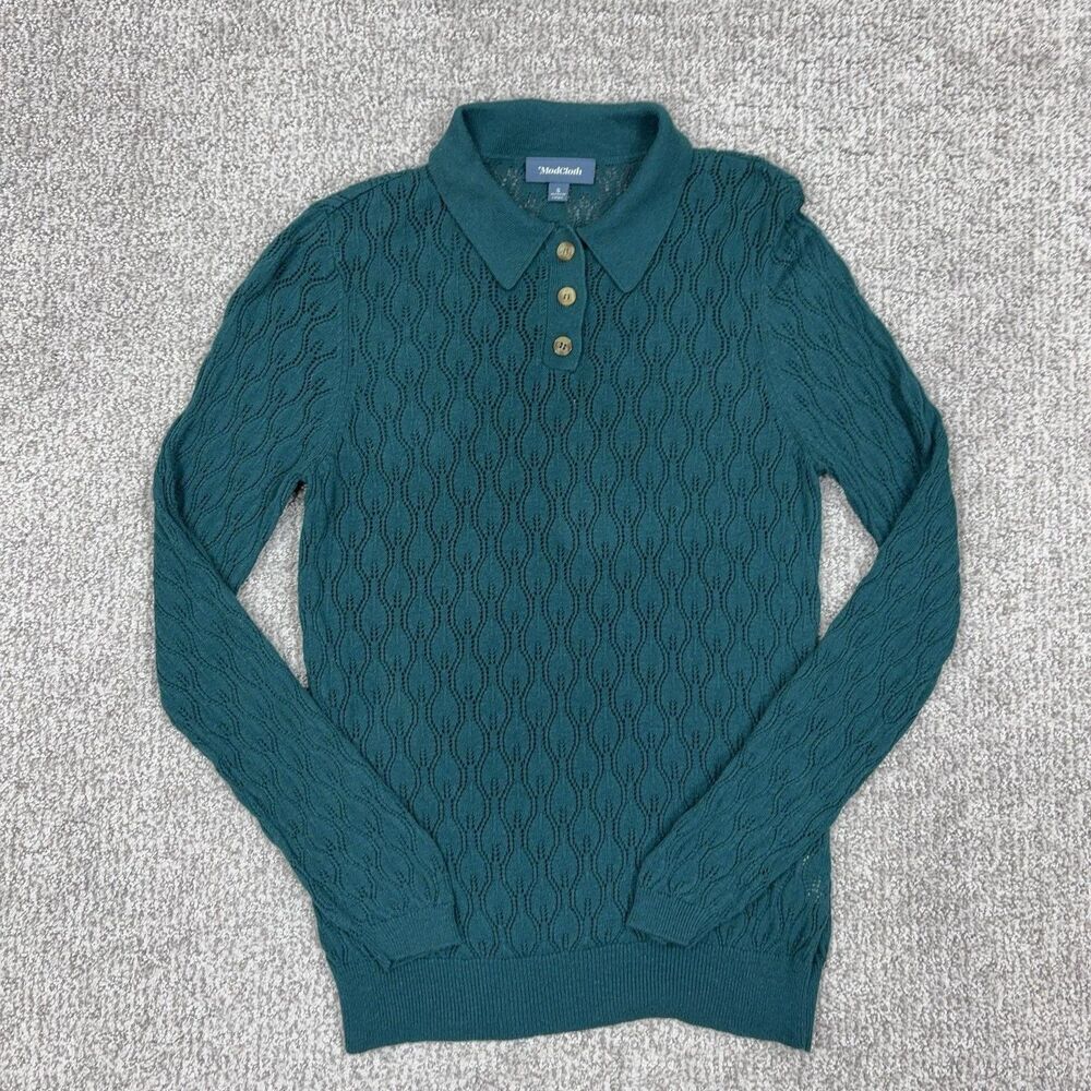 ModCloth Sweater Womens Small Green Collared Open Knit Polo Pullover Preppy